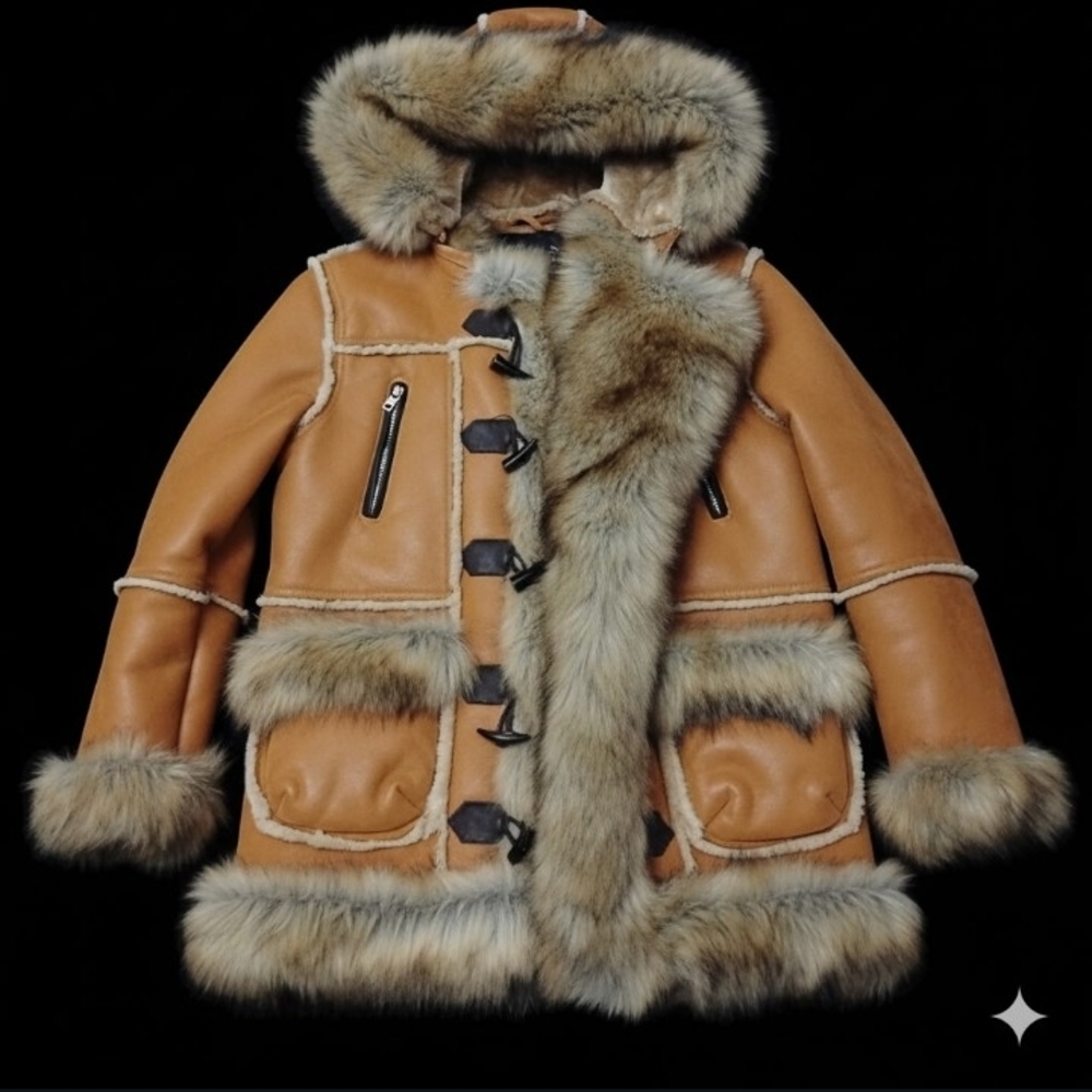 Warm Kid Black Label Tan Faux Shearling Trim Kids Coat